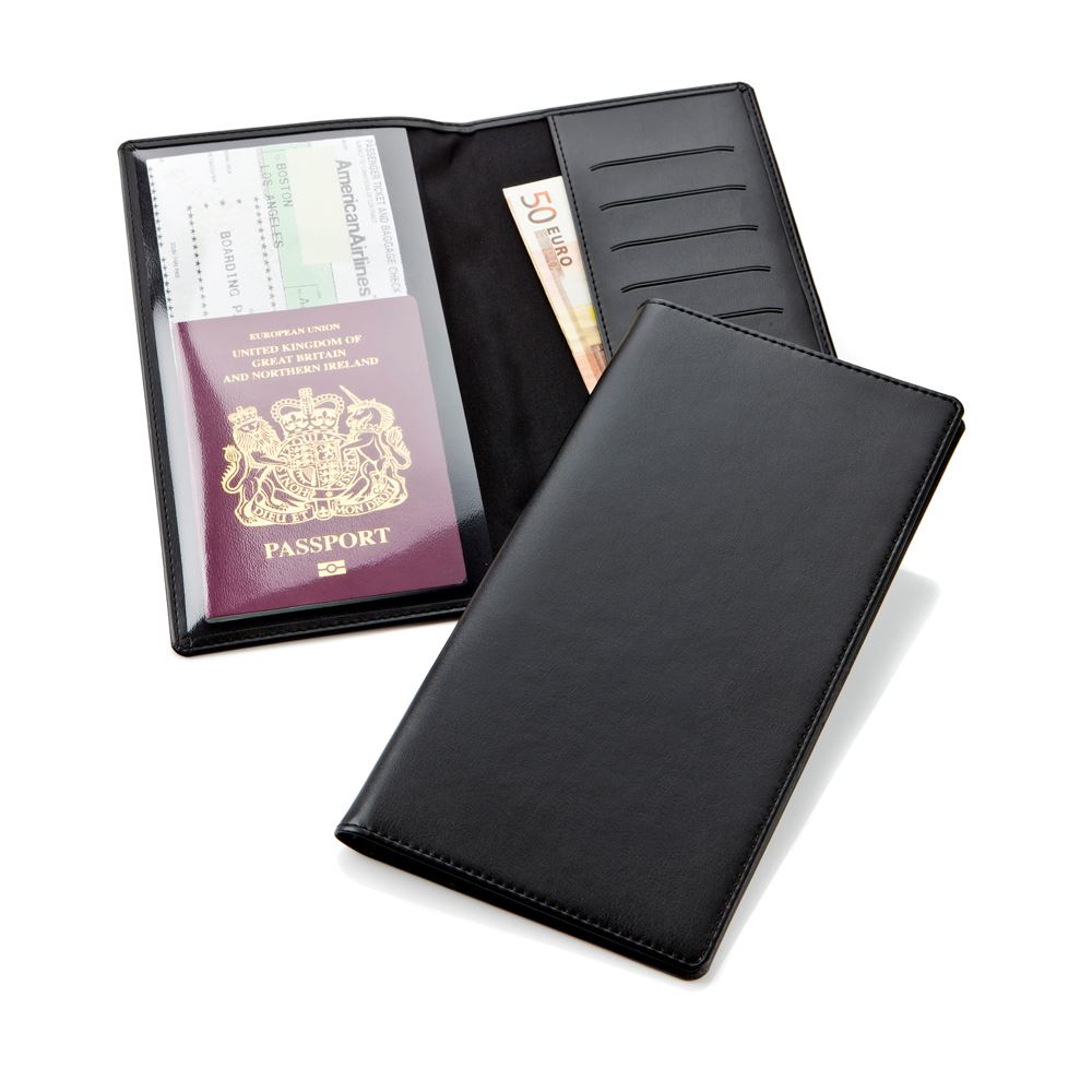 Black Belluno Travel Wallet with one clear pocket and one material pocket with card slots.
