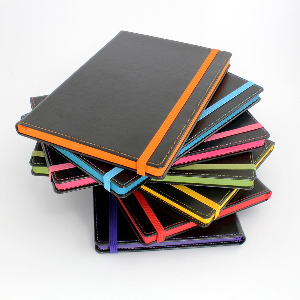 Accent A5 Notebook with a Black Cover, Contrast Colour Elastic Strap, Edge Stitch, Edge Stained paper & Page Marker.