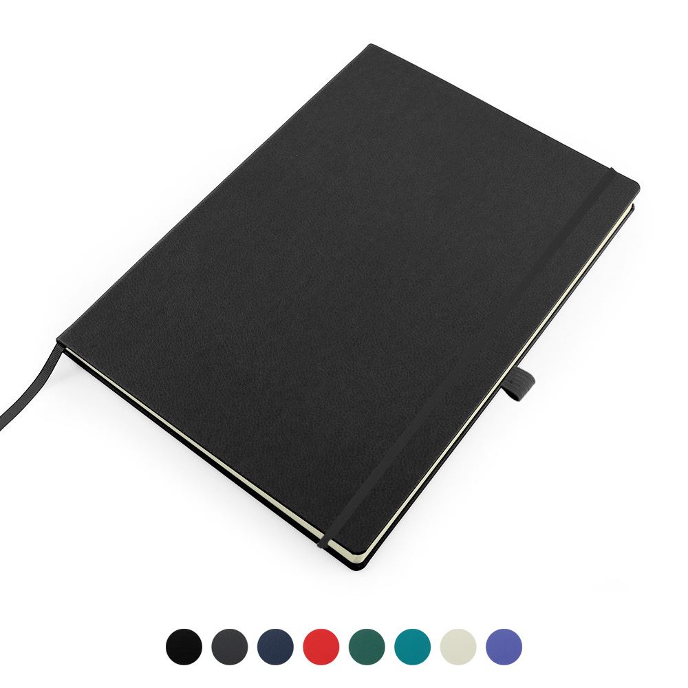 Recycled ELeather A4 Casebound Notebook with Elastic Strap & Pen Loop, made in the UK in a choice of 8 colours.