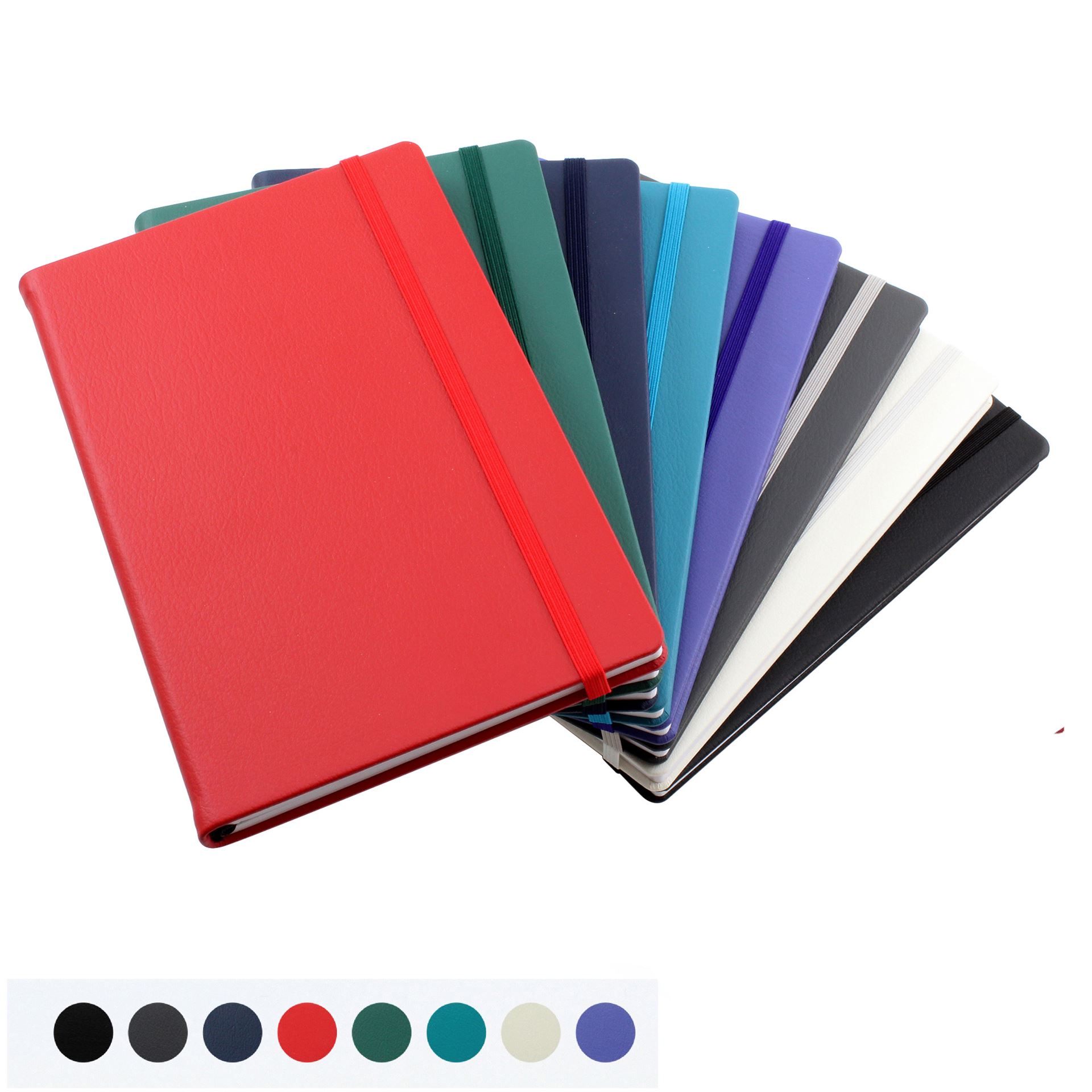Recycled ELeather A5 Casebound Notebook with Elastic Strap, made in the UK in a choice of 8 colours.