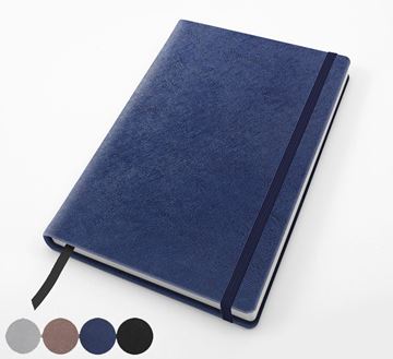 Picture of A5 Casebound Notebook with Elastic Strap in textured Saffiano in 4 metallic colours. 