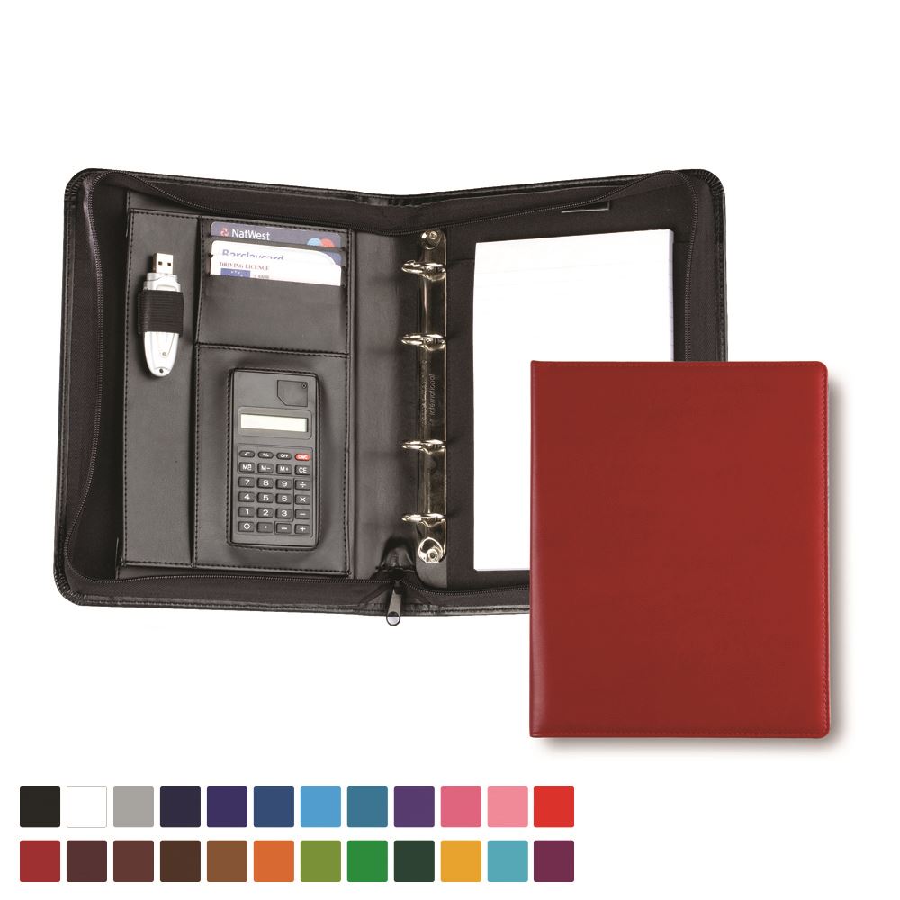 A5 Deluxe Zipped Ring Binder with Calculator in Belluno, a vegan coloured leatherette with a subtle grain.