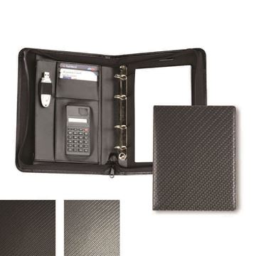 Picture of Carbon Fibre Textured PU A5 Deluxe Zipped Ring Binder with Calculator.