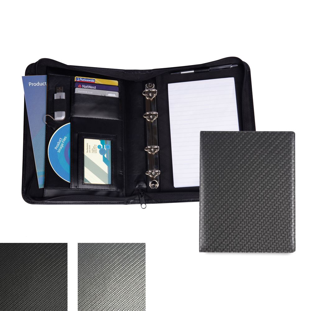 Carbon Fibre Textured PU A5 Deluxe Zipped Ring Binder.