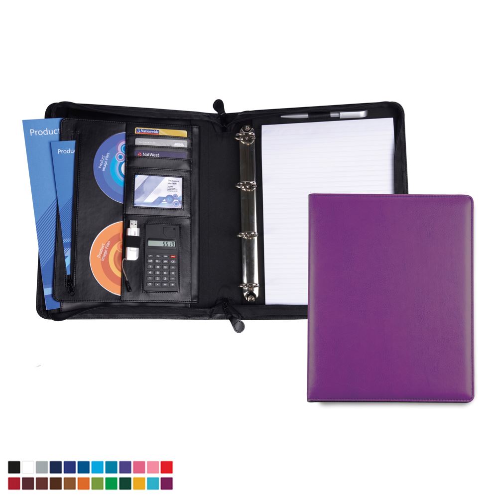 Deluxe Zipped Ring Binder with Calculator in Belluno, a vegan coloured leatherette with a subtle grain.