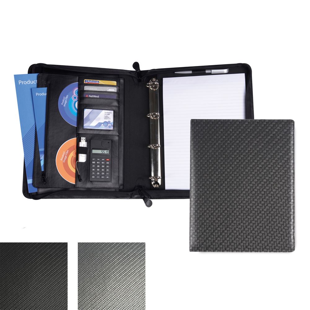Carbon Fibre Textured PU Deluxe Zipped Ring Binder with Calculator.
