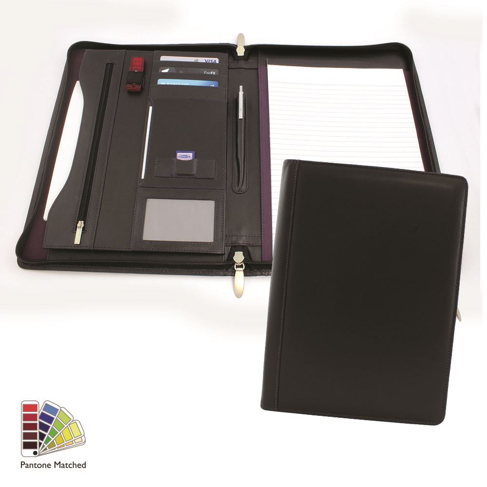 Pantone Matched Sandringham Leather Deluxe Zipped A4 Conference Pad Holder