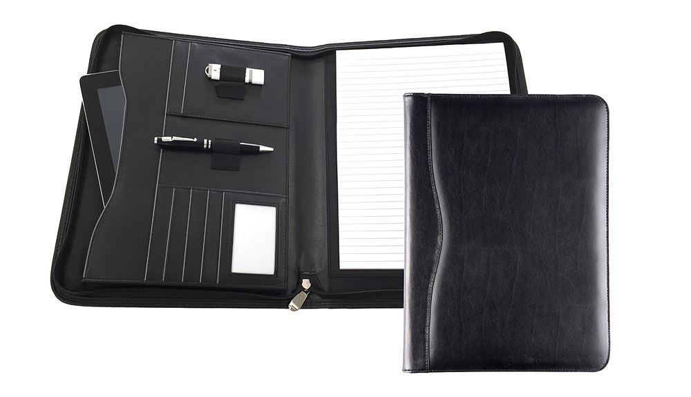 Black Balmoral Leather A4 Deluxe Zipped Conference Folder With Tablet Pocket