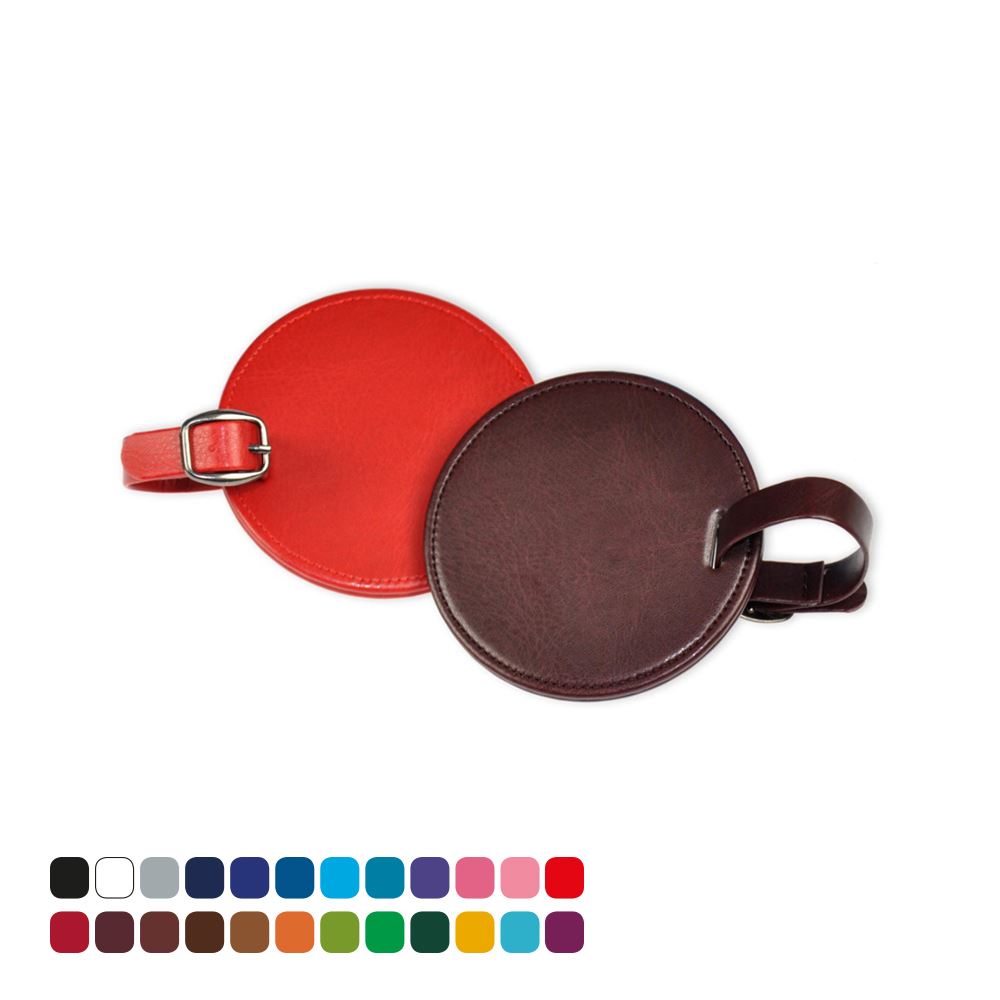 Round Bag Tag in Belluno, a vegan coloured leatherette with a subtle grain.