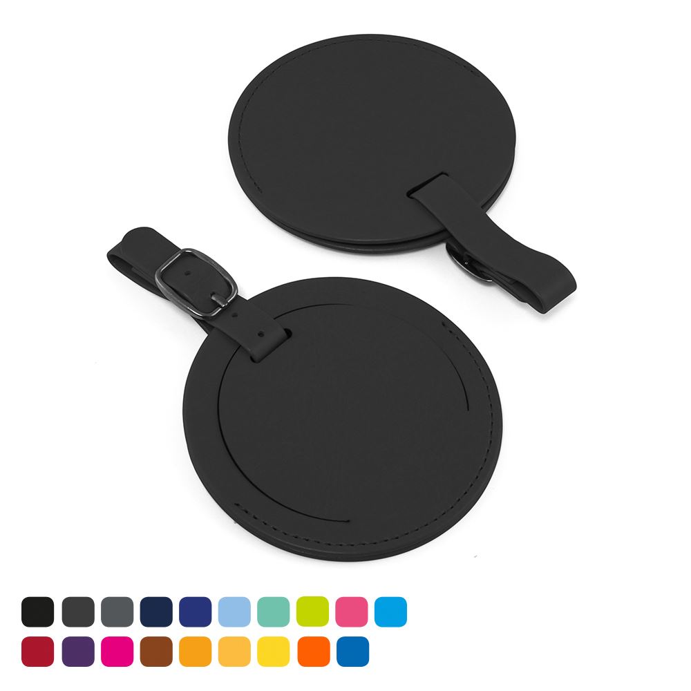 Round Luggage Tag with a Security Flap in Soft Touch Vegan Torino PU. 