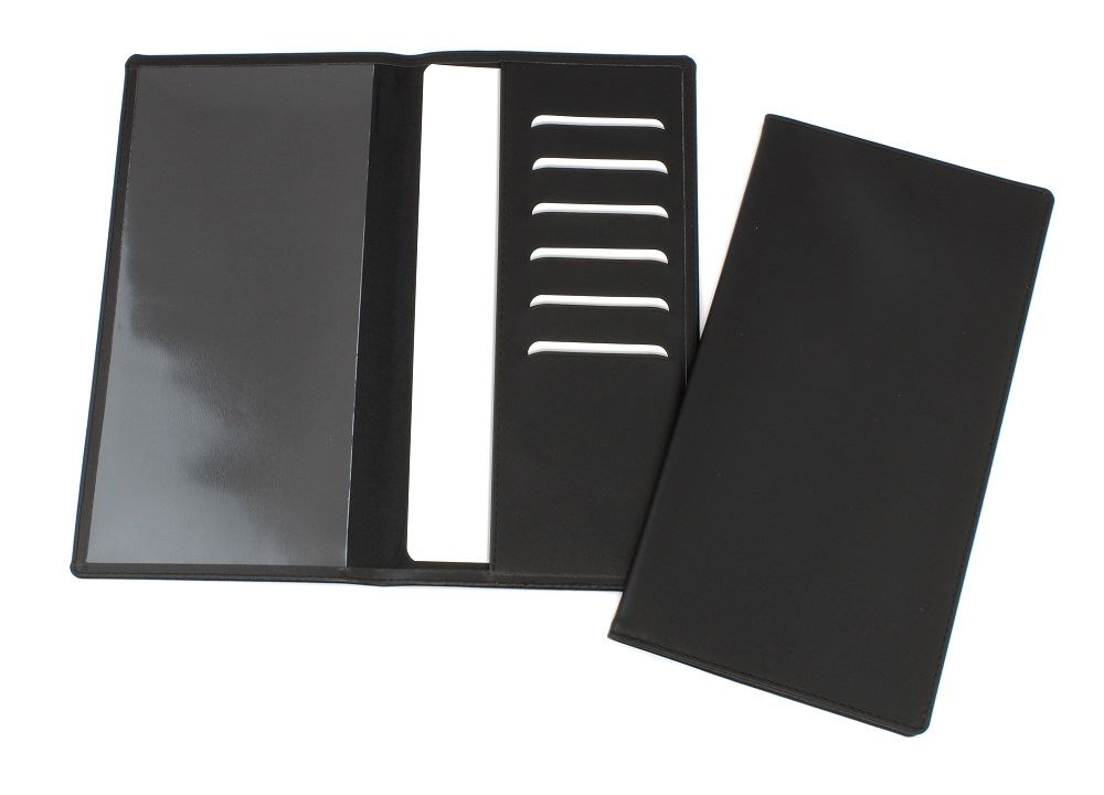 Hampton Leather Travel Wallet with one clear pocket and one material pocket with card slots.