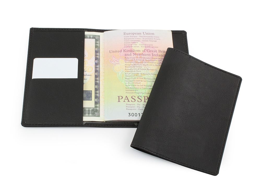 Black Biodegradable Passport Wallet in BioD a Biodegradable leather look material. 