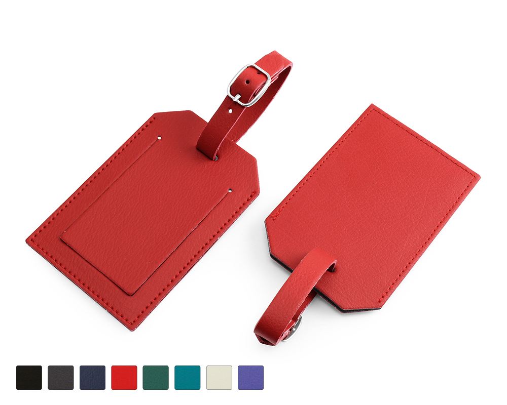 Recycled ELeather Rectangular Luggage Tag with Security Flap, made in the UK in a choice of 8 colours.