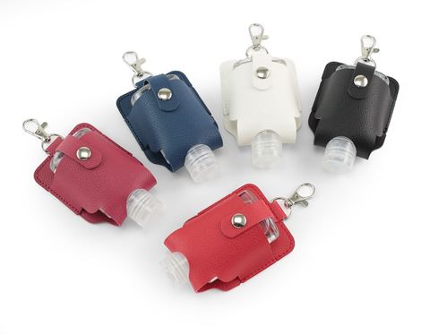 Picture of Hand Sanitiser Pouch with Clip,  in recycled Como, a quality vegan PU, ideal to hold a 50 ml bottle of sanitiser.