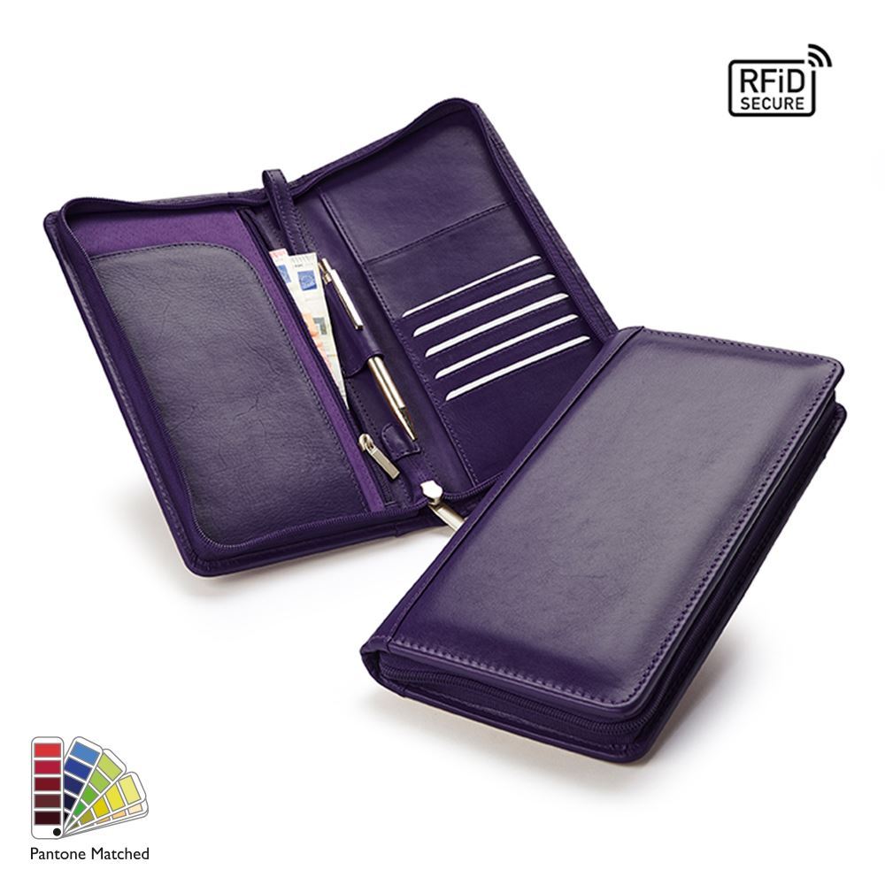 Pantone Matched Sandringham Leather Zipped Travel Wallet with RFID