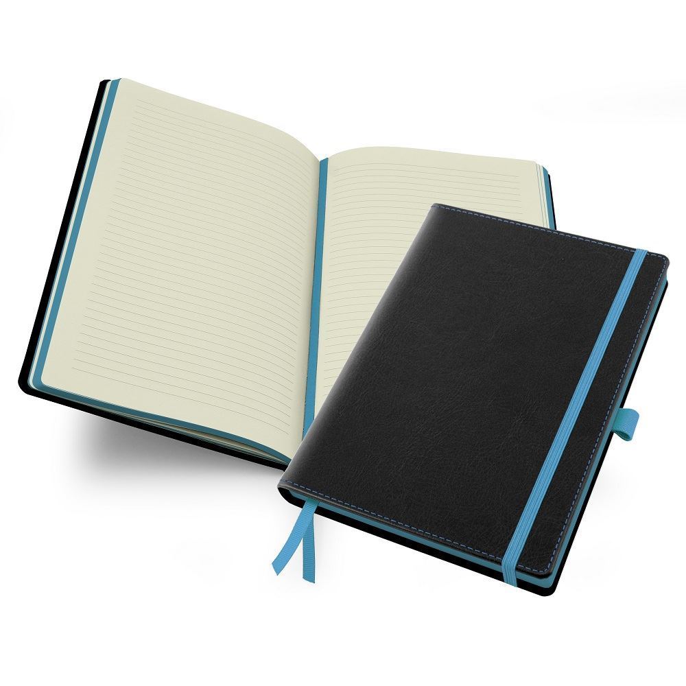 Accent A5 Notebook with a Black Cover, Contrast Colour Elastic Strap, Elastic Pen Loop, Edge Stitch, Edge Stained paper & Page Marker.
