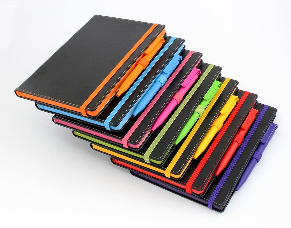 Accent A5 Notebook with a Black Cover, Contrast Colour Elastic Strap, Elastic Pen Loop, Edge Stitch, Edge Stained paper & Page Marker.