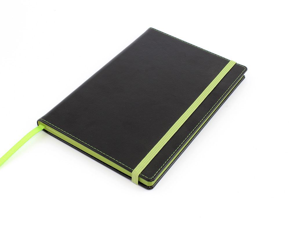 Accent A5 Notebook with a Black Cover, Contrast Colour Elastic Strap, Edge Stitch, Edge Stained paper & Page Marker.