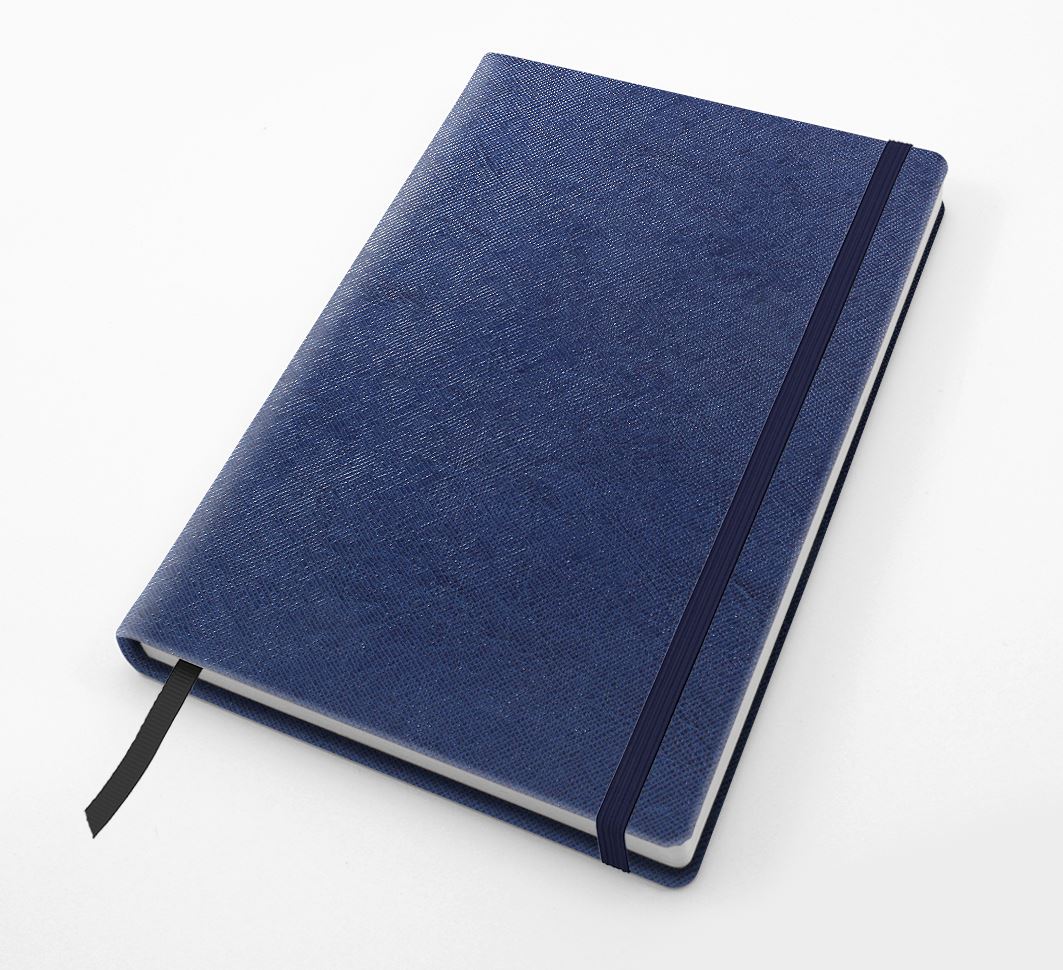 A5 Casebound Notebook with Elastic Strap in textured Saffiano in 4 metallic colours. 
