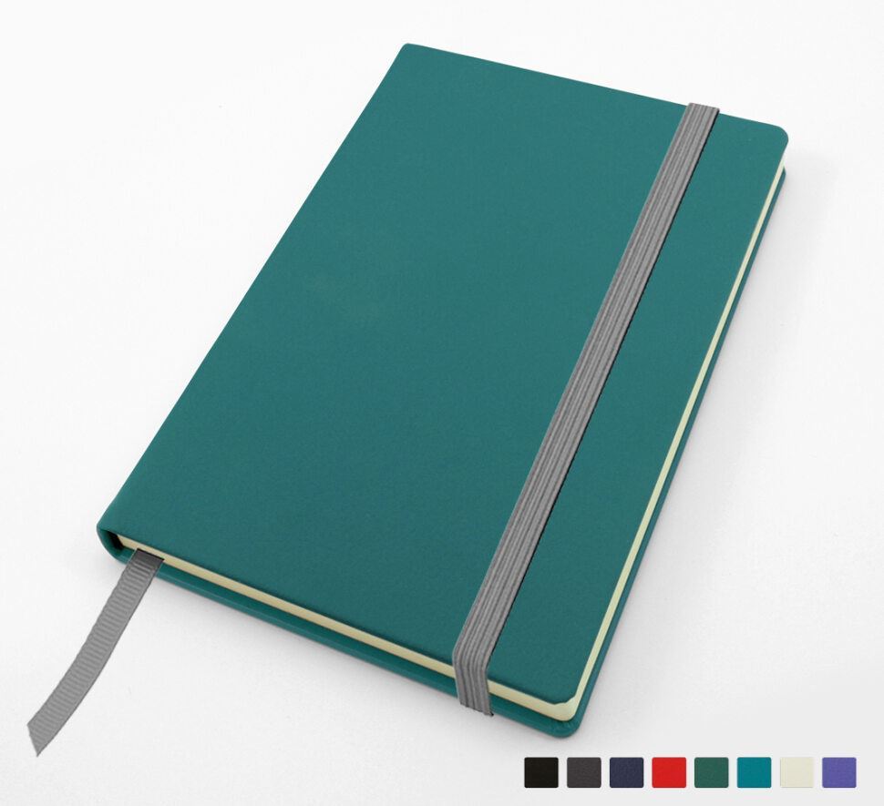 Recycled ELeather Pocket Casebound Notebook with Elastic Strap, made in the UK in a choice of 8 colours.